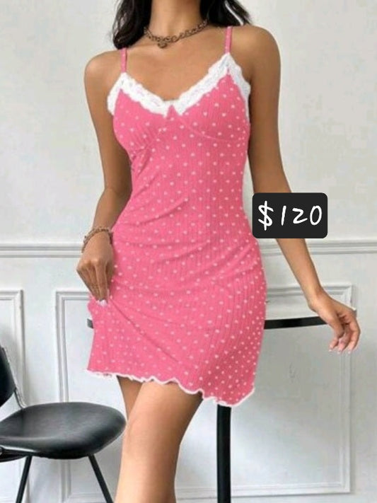 #2534 Heart Print Sleep Dress Pajama Dress With Lace Trim