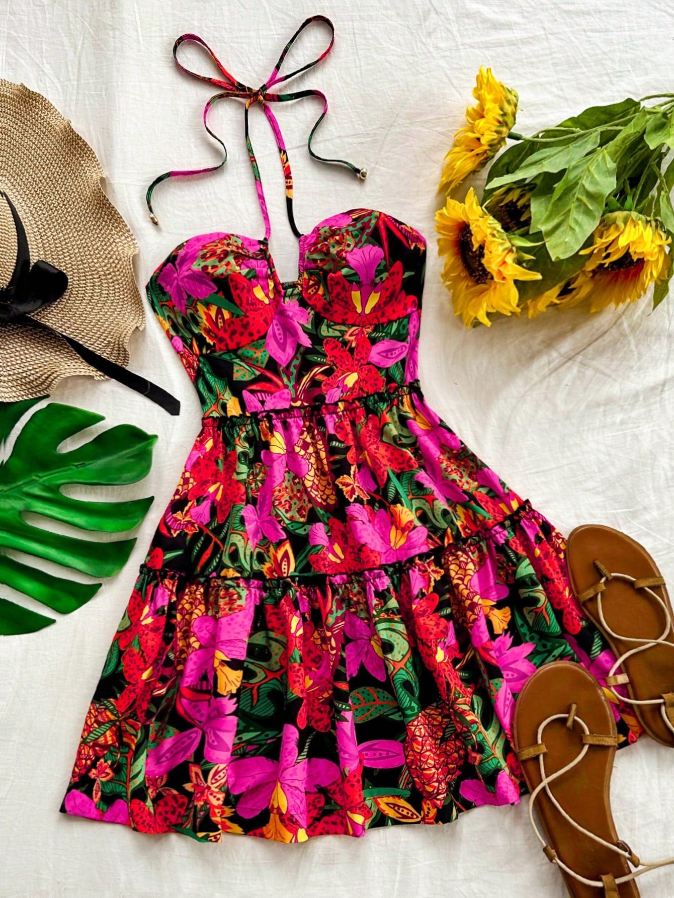 8132 Front Cut Out Tie Neck Ruffle Hem Dress