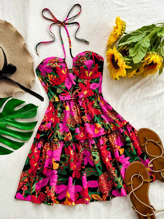 8132 Front Cut Out Tie Neck Ruffle Hem Dress