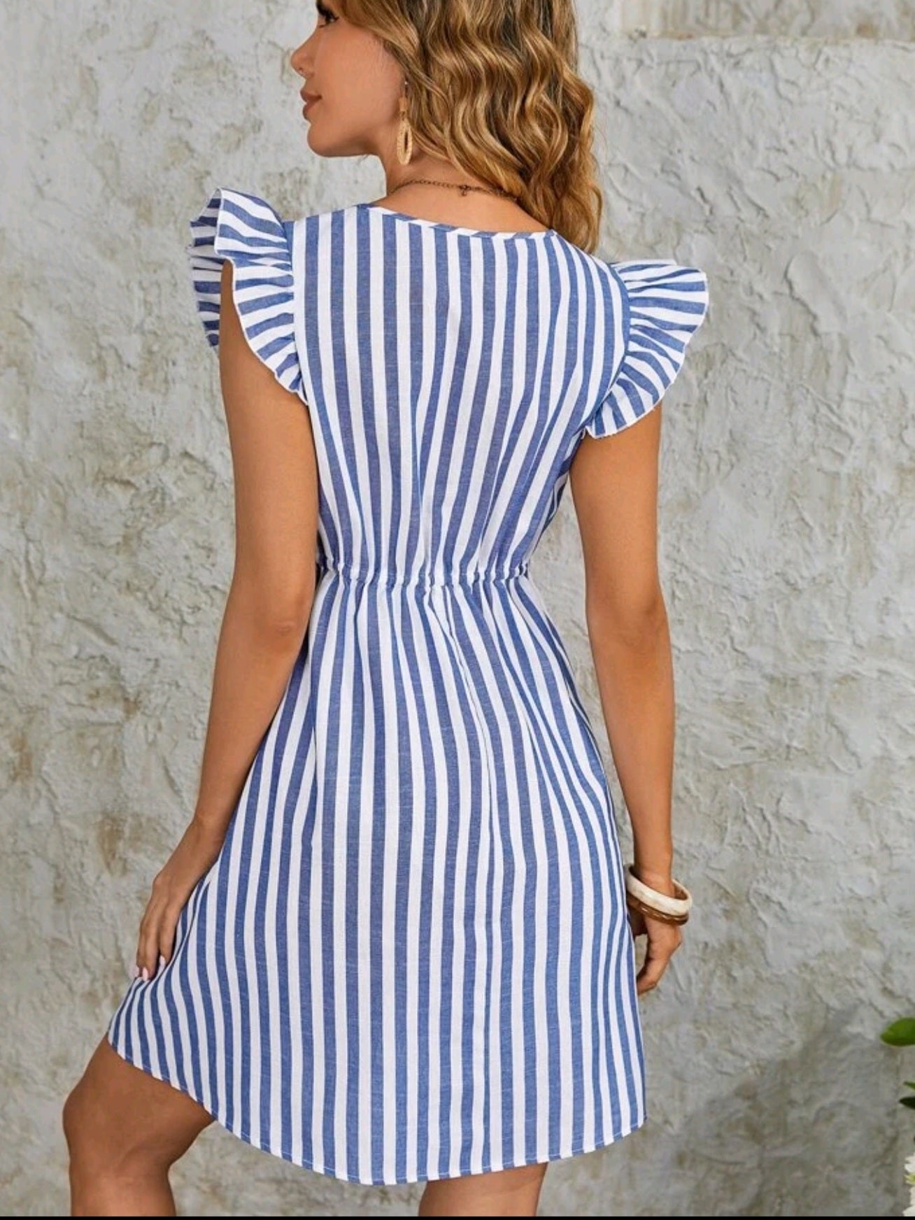9593 Vertical Striped Fake Button Ruffle Sleeve Drawstring Waist Dress