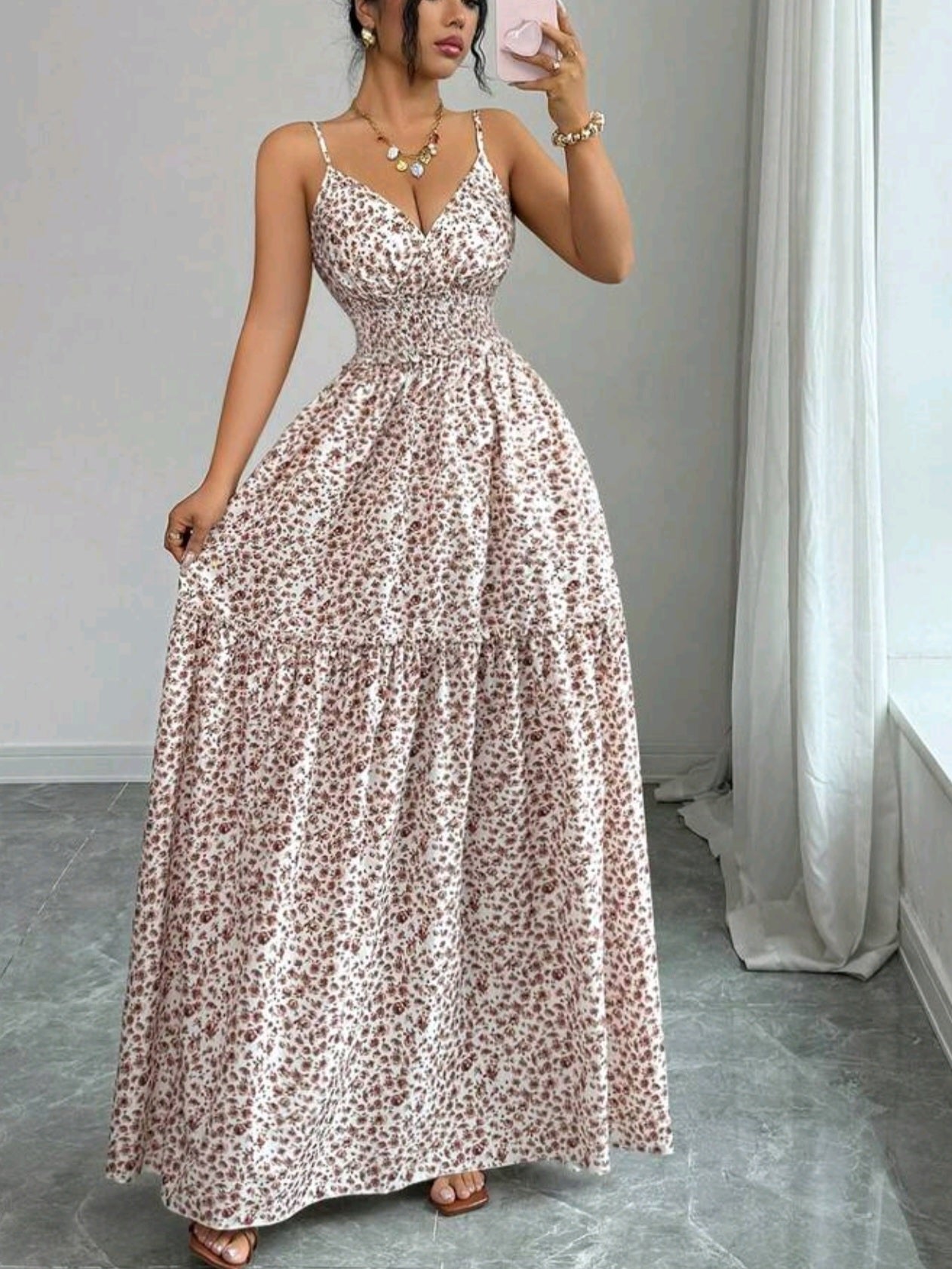 0082 Spaghetti Strap Woven Ditsy Floral Waist Tie Design