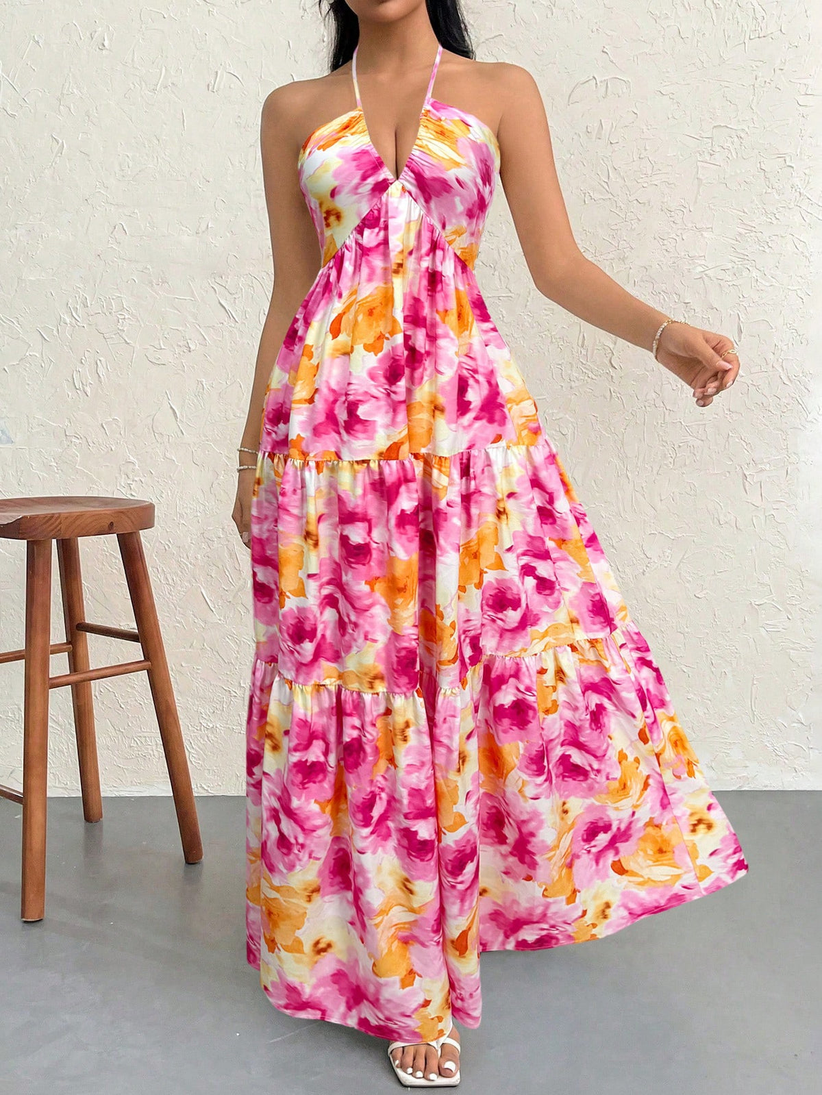 0118 V-Neck Layered Floral Print Open Back Tie Dress