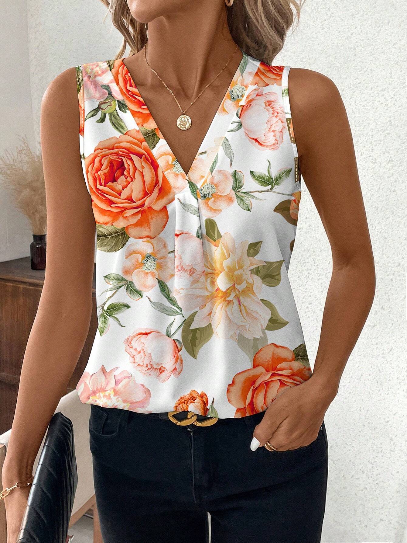 4203 Casual Floral Printed Sleeveless Shirt