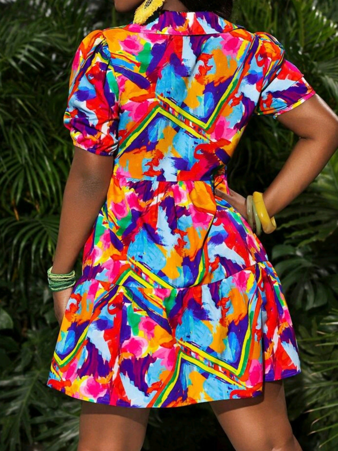 1368 Floral Print Vacation Ruffle Lantern Sleeve Loose Dress