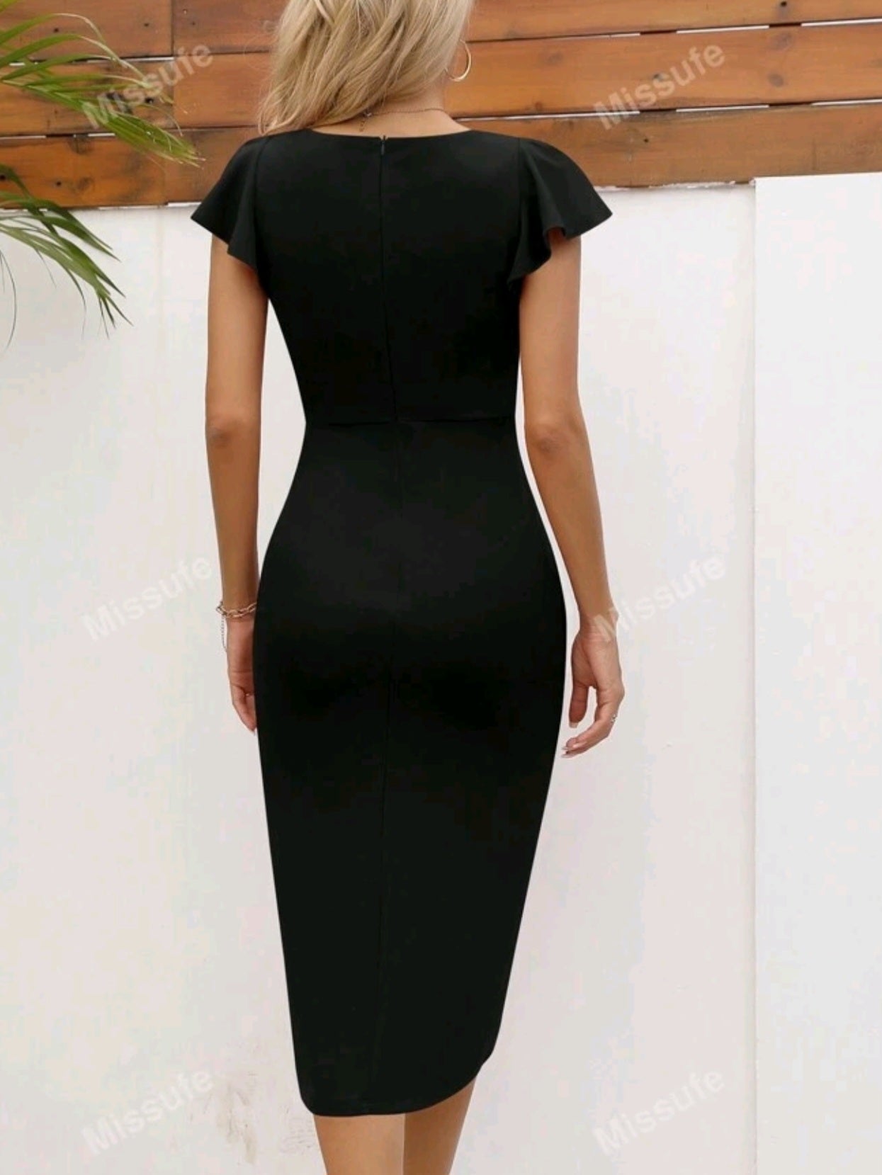 5925 Ruffle Sleeve Sweetheart Ruched Wrap Slit Bodycon