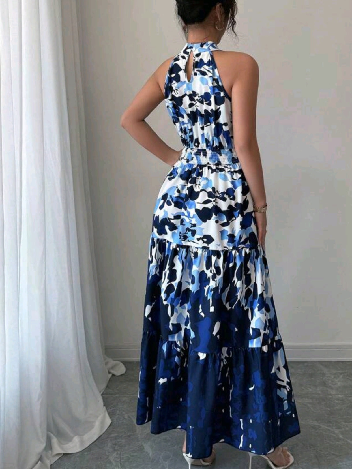0727 Floral Print Waist Flare Sleeveless Dress