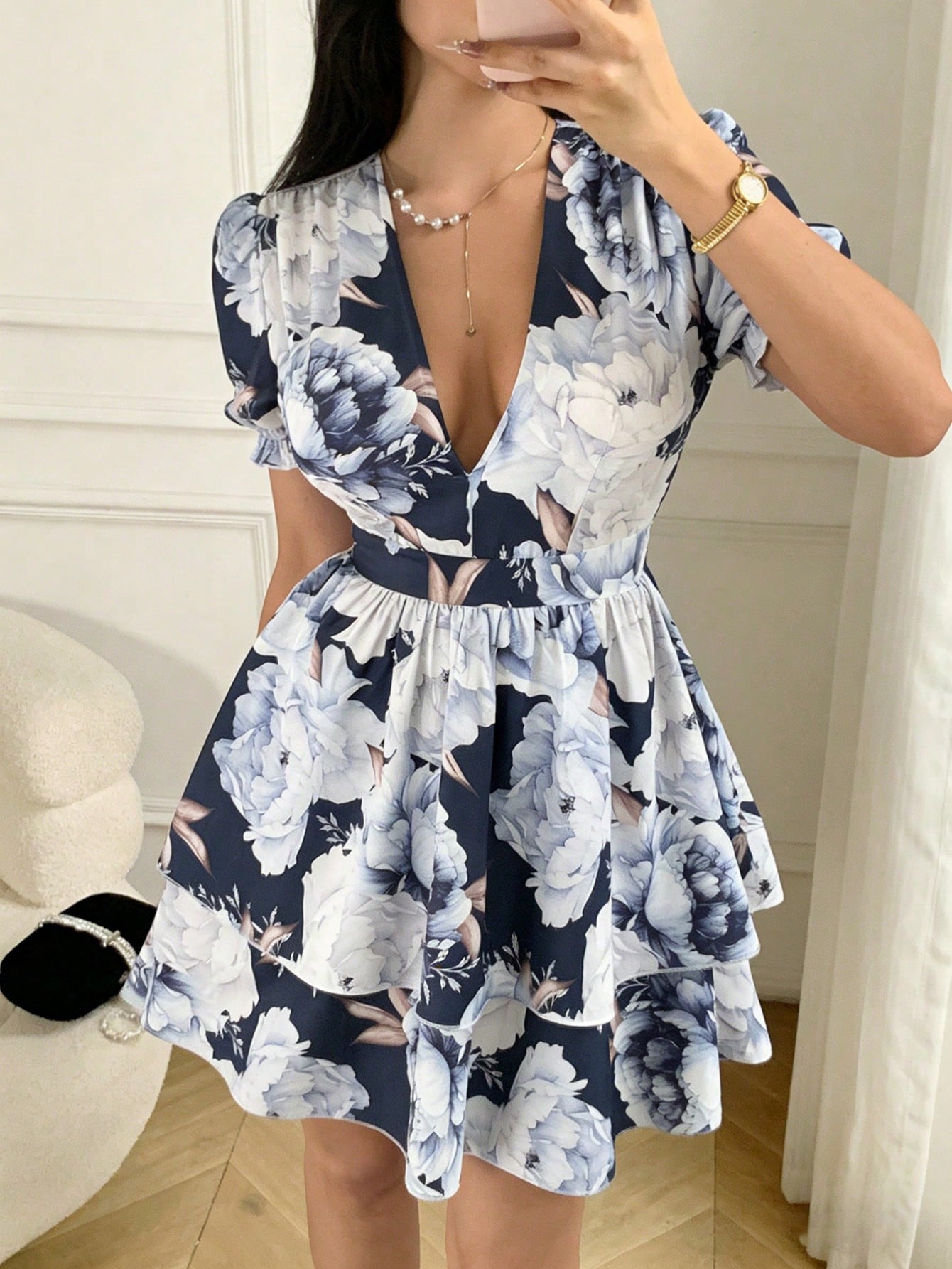 8412 V-Neck Lantern Sleeve Ruffle Hem Mini Dress