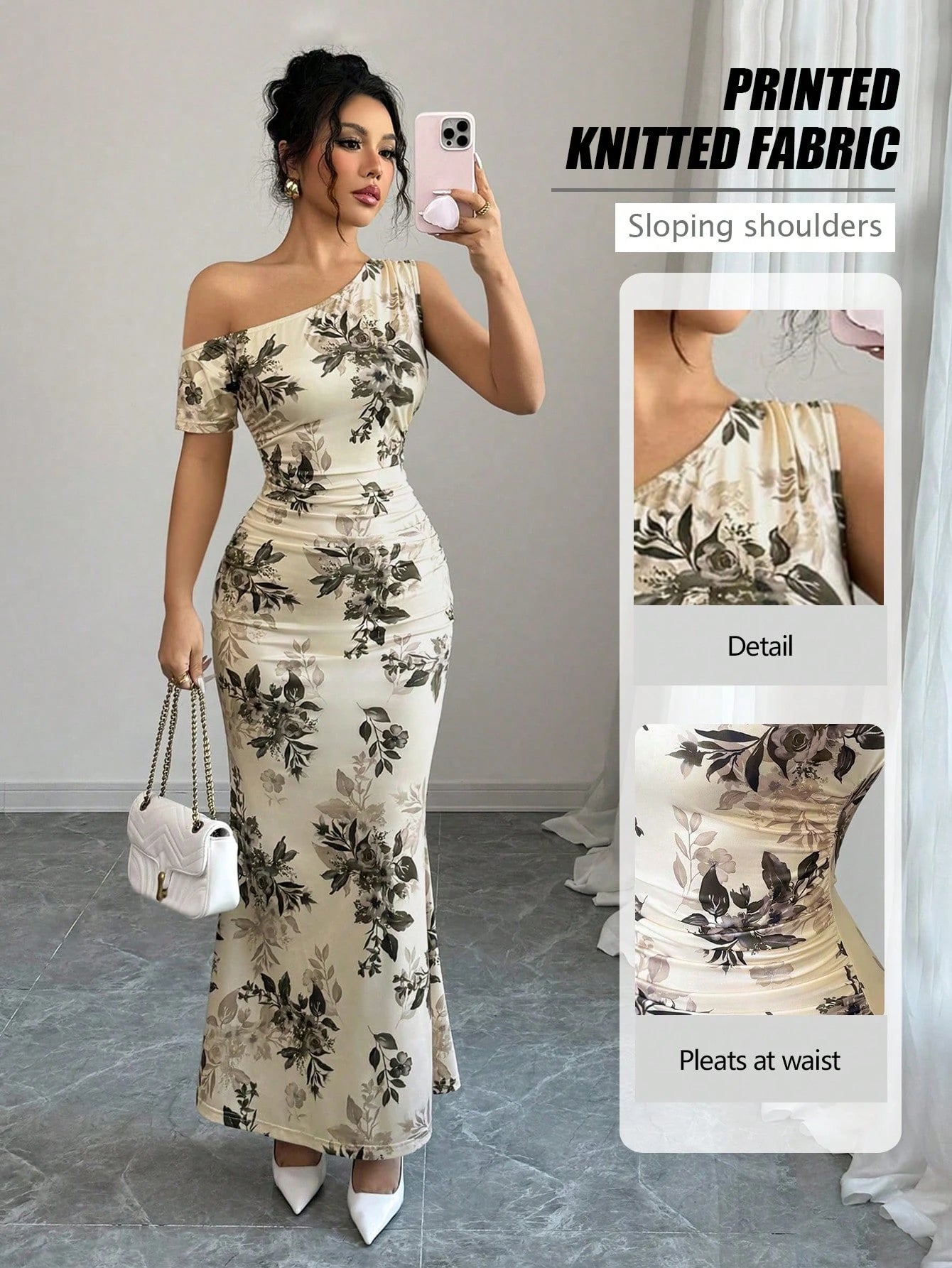 8195 Asymmetric Shoulder Ruched Design Fishtail Hem Dress