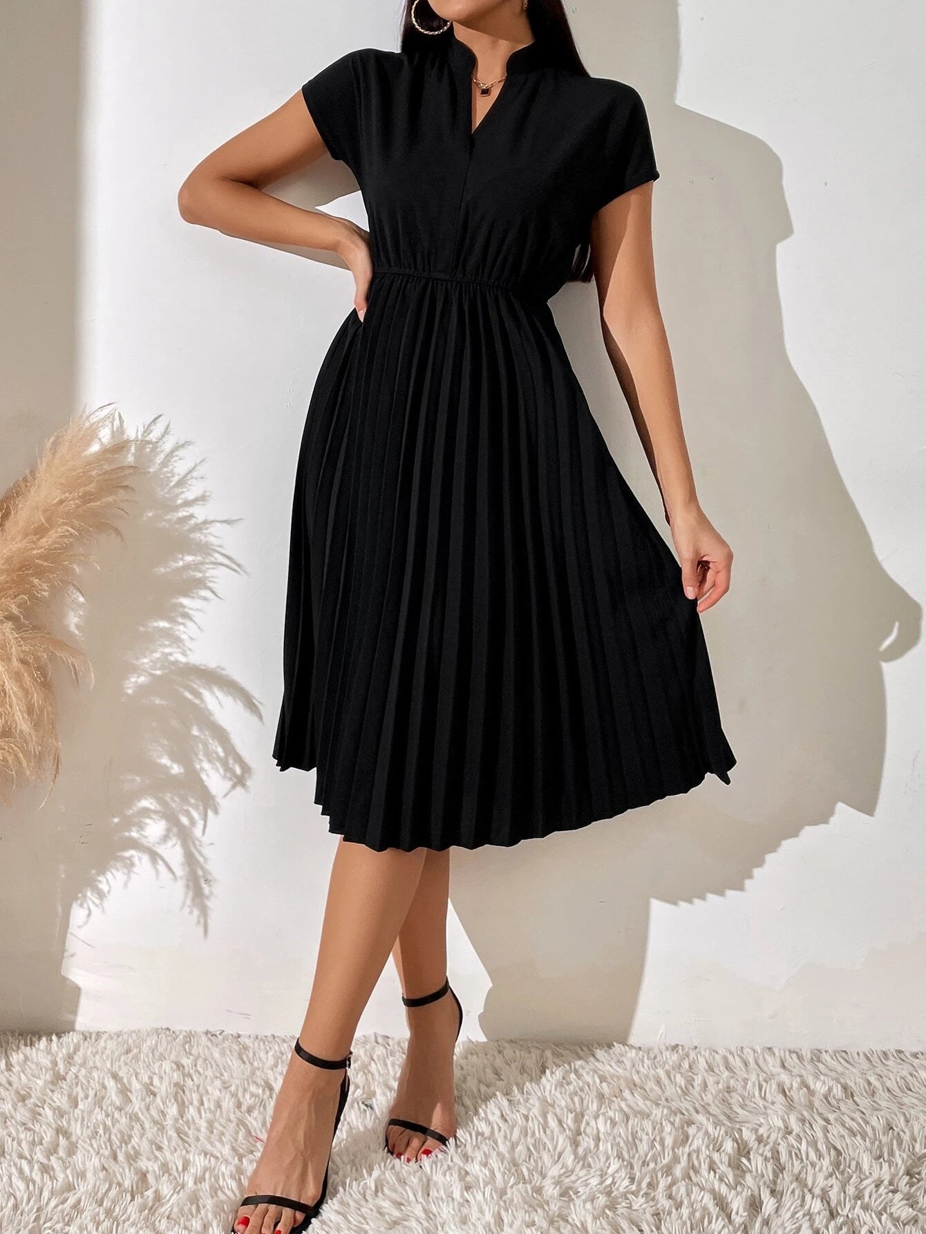 7991 Pleated Hem Notched Neckline A-Line Dress