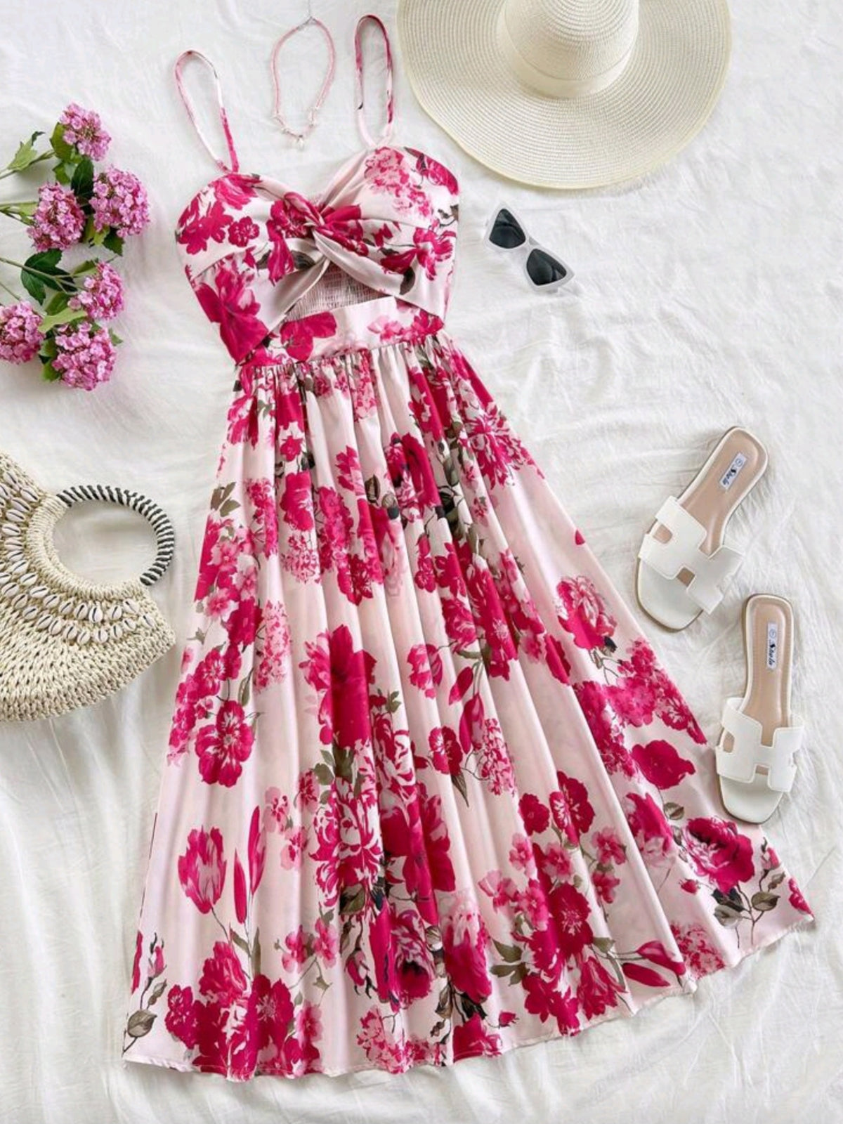 6684 Floral Print Buttoned Hollow-Out Design Slip Midi Dress