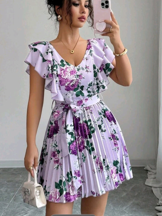 #9778 Ruffle Sleeve V-Neck Cinched Waist Pleated A-Line Floral Print Dress