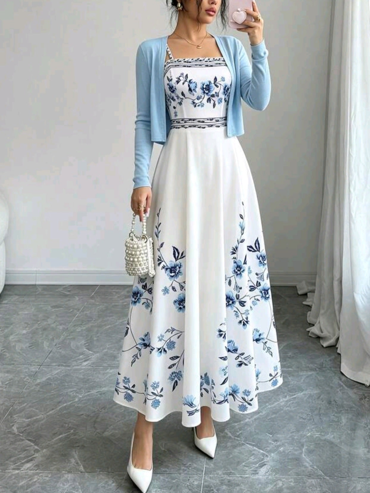 4457 2 piece set Floral Print Cinched Waist Dress With Knit Cardigan Set