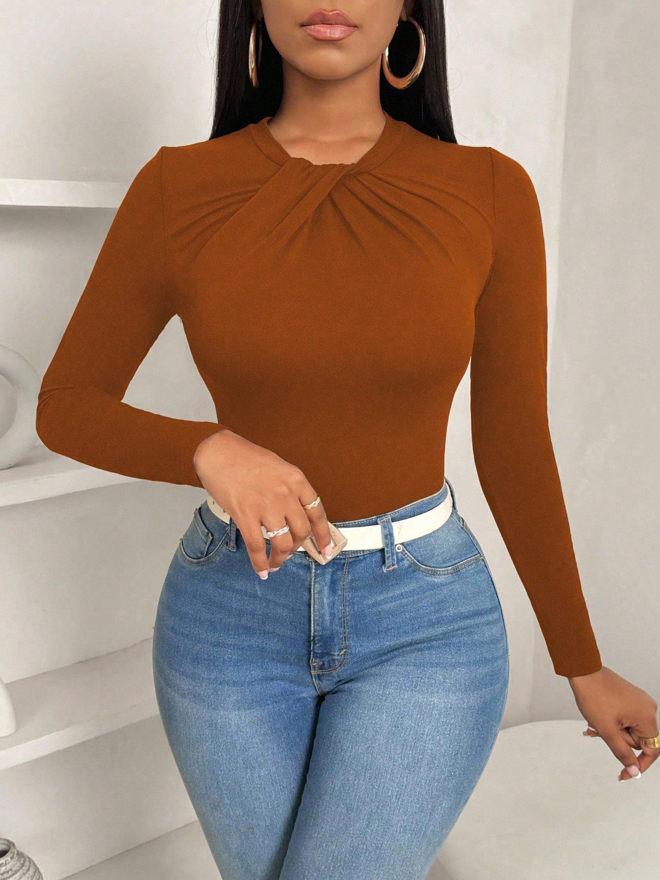 0108 Bowknot Collar Slim Fitted Ruffled Hem Blouse