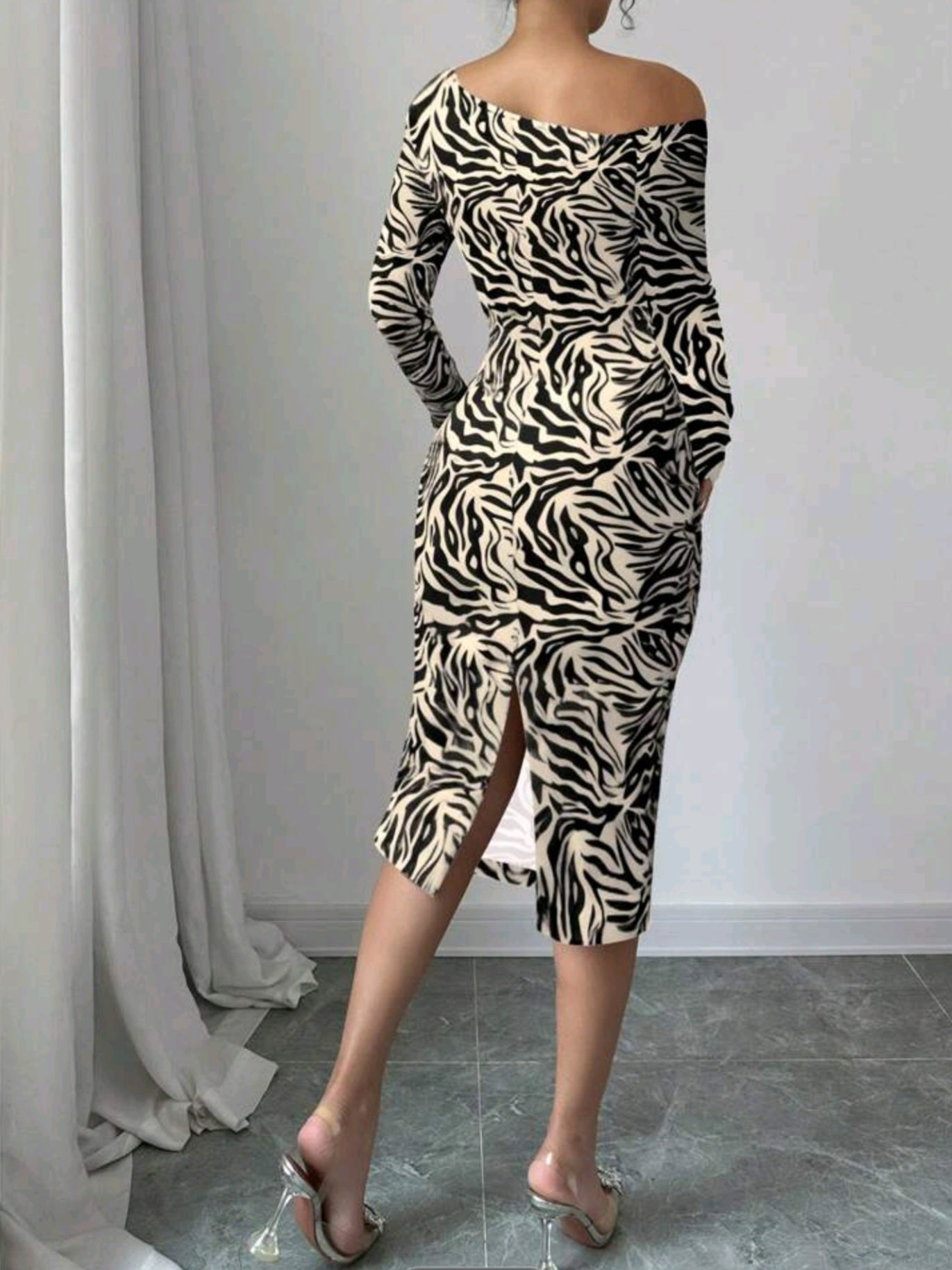 6022  Asymmetrical Neck Long Sleeve Dress