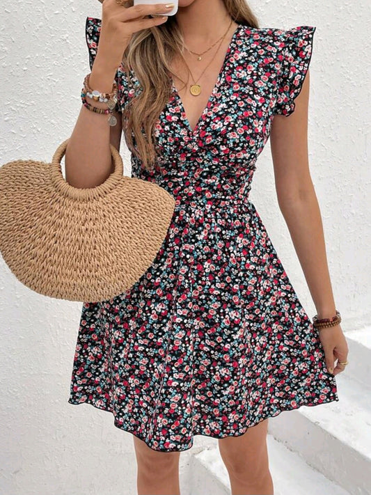 1474  V-Neck Sleeveless Ruffle Trim Dress