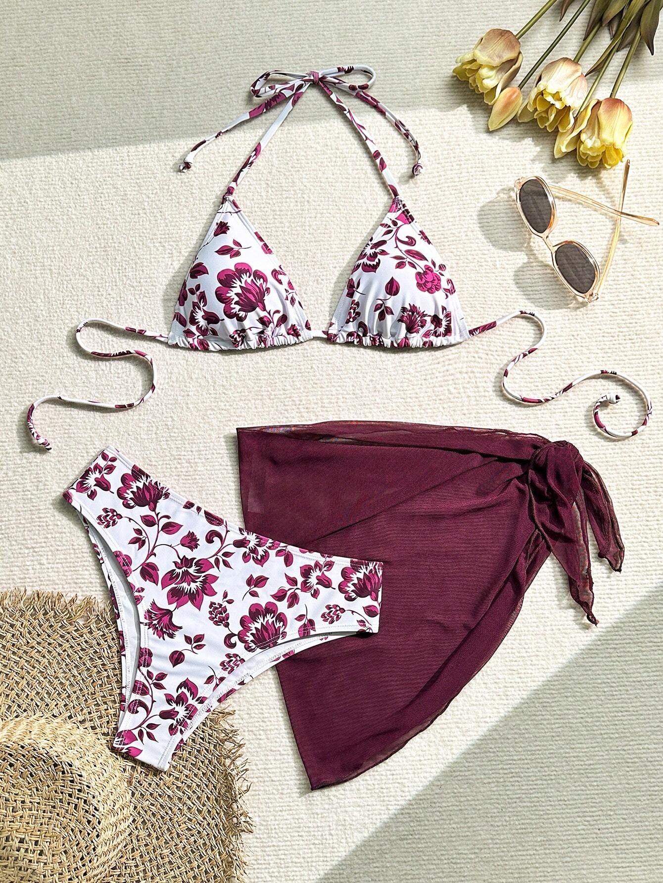 1671 3-Piece Bikini Set With Halter-Neck Top, Swim Bottom And Tie-Side Skirt