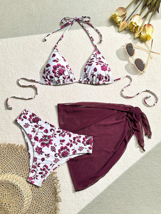 1671 3-Piece Bikini Set With Halter-Neck Top, Swim Bottom And Tie-Side Skirt