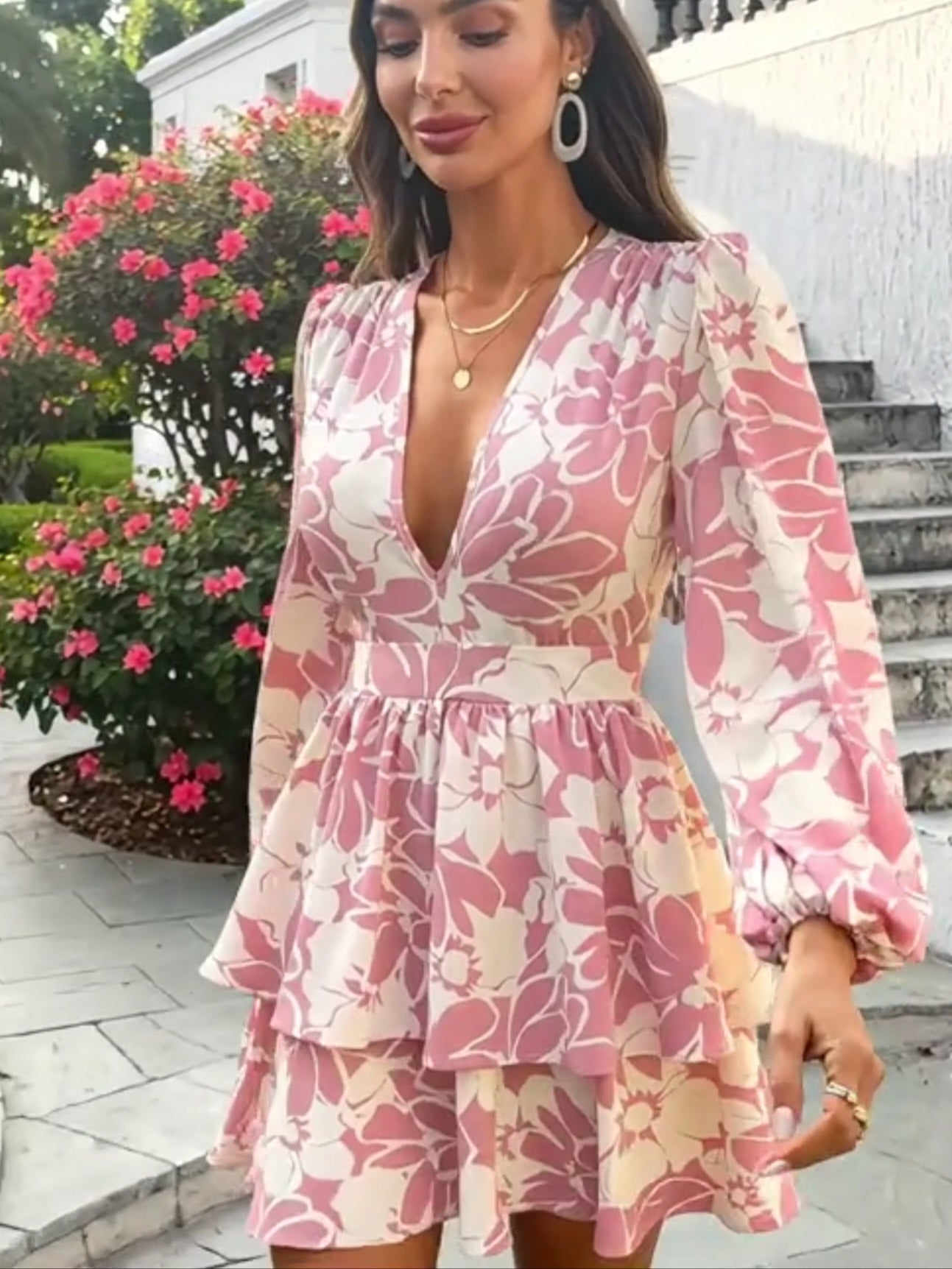 9470 V-Neck Layered Hem Belted Dress
