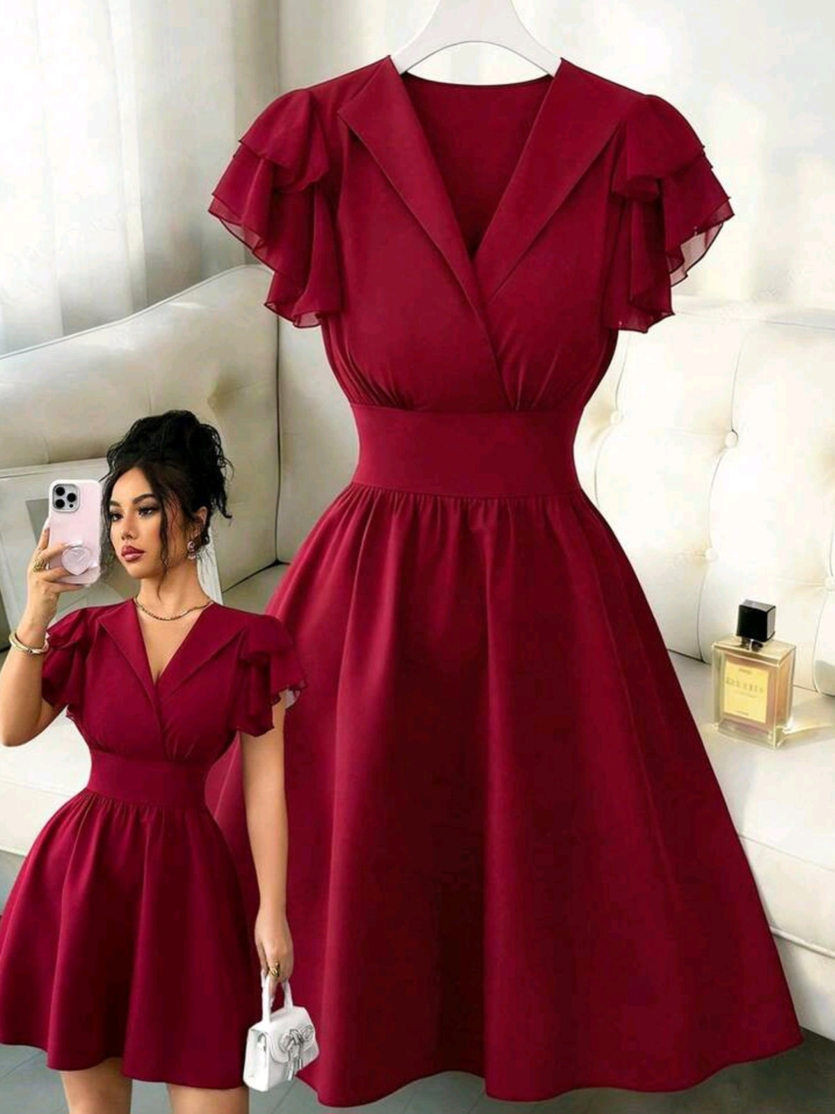 1424 Waist Drawstring Chiffon Ruffle Sleeve Dress