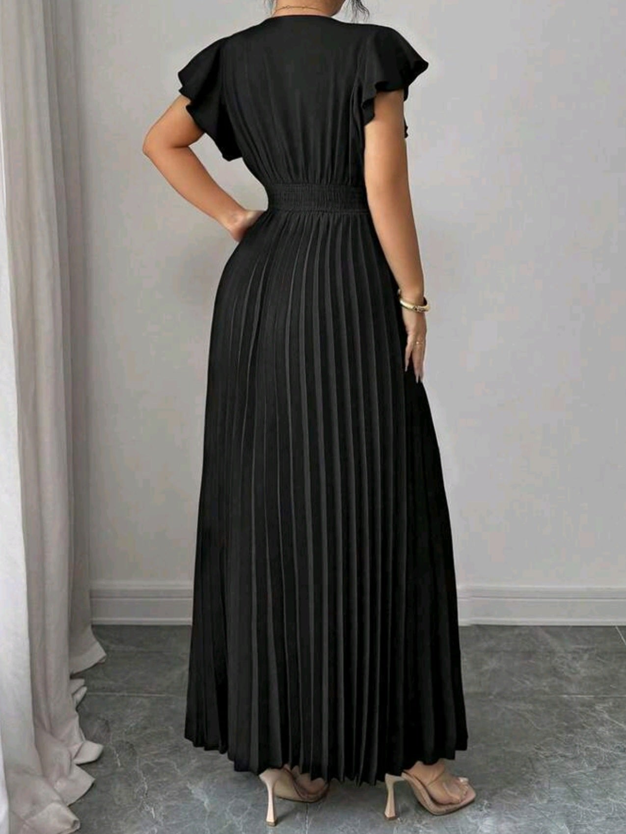 4711 V-Neck Ruffle Sleeve Woven Solid Color Metal Decor Button Pleated Dress