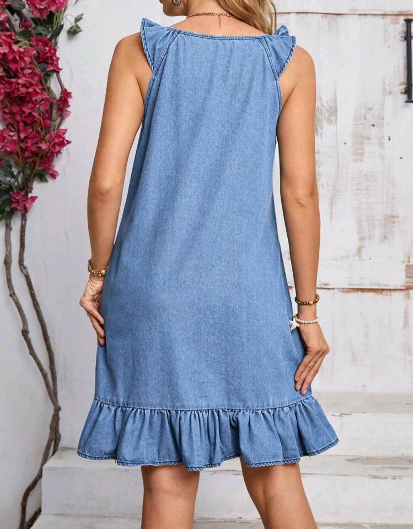 4654 Cap Sleeve Ruffle Hem Pocketed Loose Casual Denim Dress