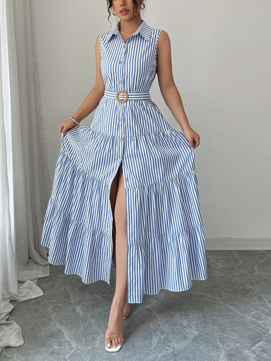 6836 Striped Button Belted Dress