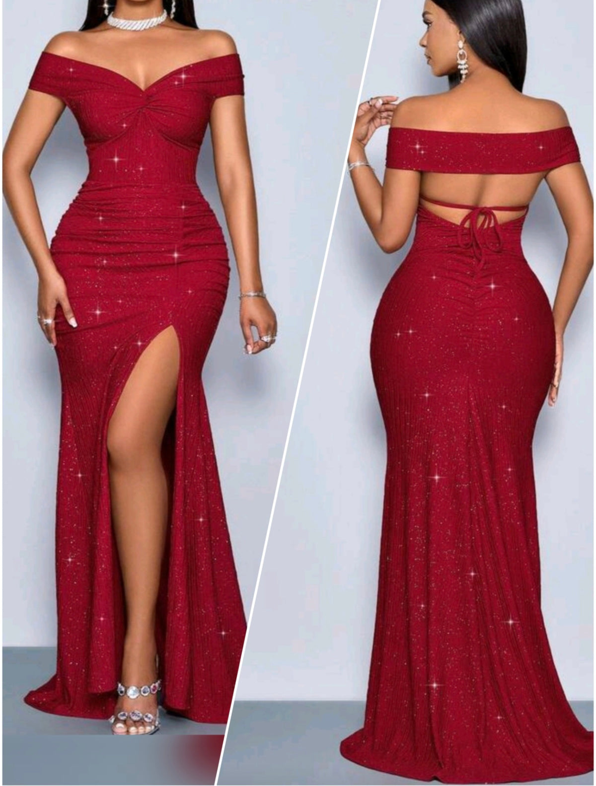 9911 Metallic Sheen Twisted Off Shoulder Backless High Slit Maxi Dress