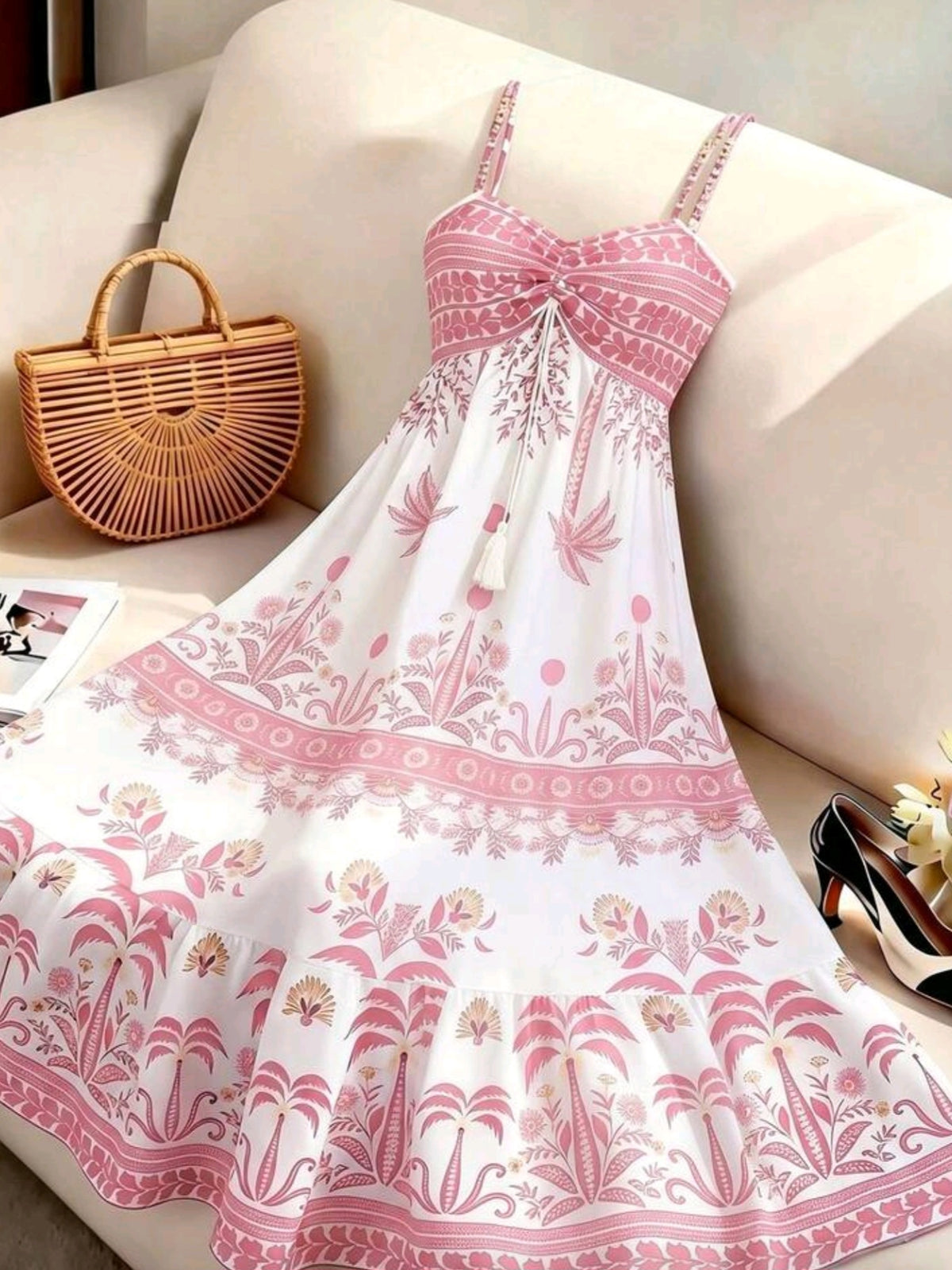 6768 Spaghetti Strap Tie Waist A-Line Maxi Dress