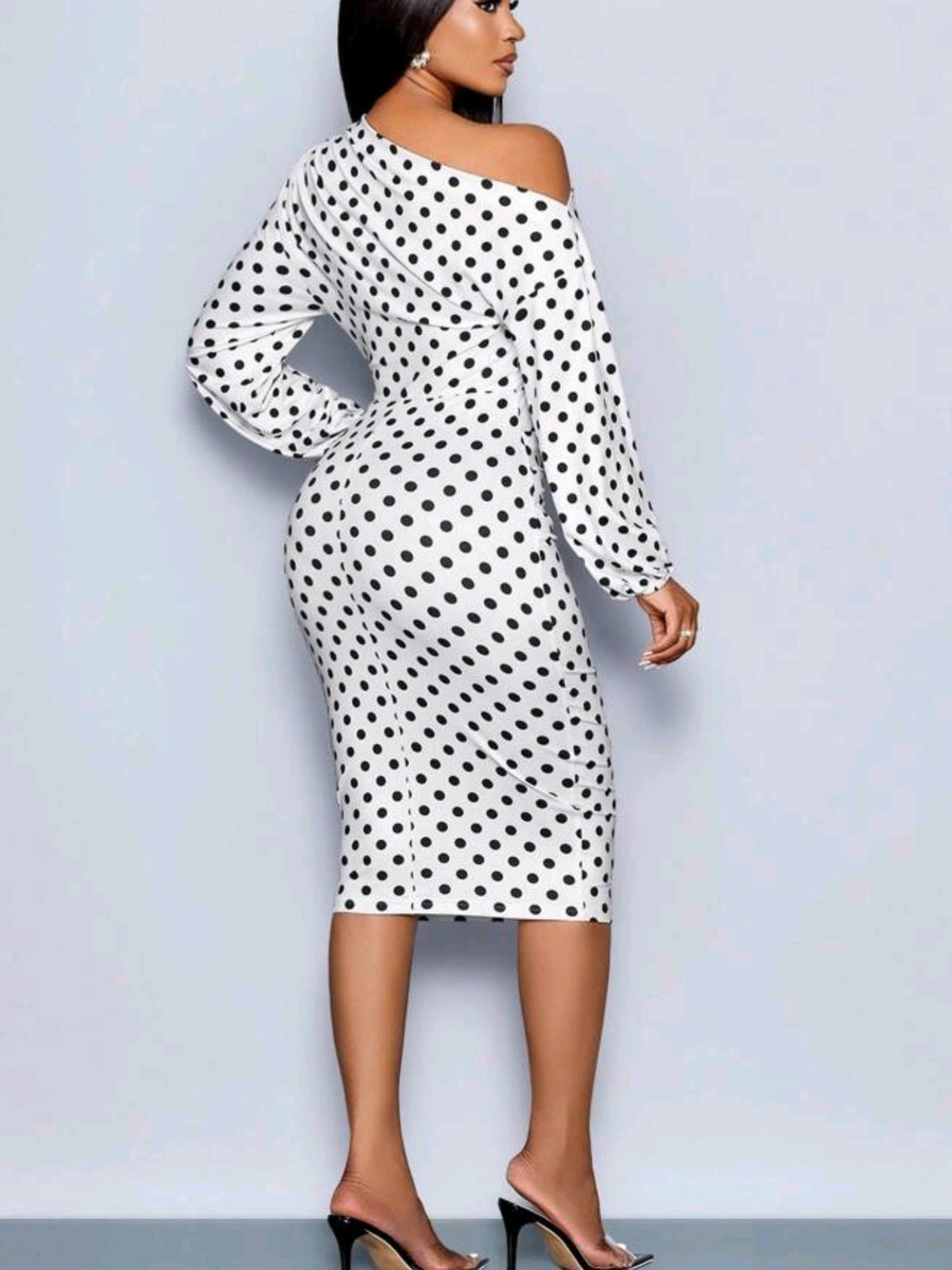 1835 Polka Dot Pattern Off Shoulder Long Sleeve Bodycon Dress