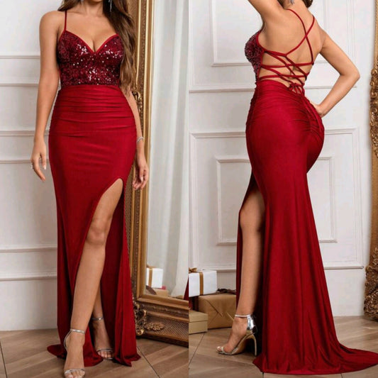 #7275 High Waisted Sequin Patchwork High Slit Dress Dresses