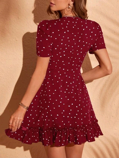 Heart Print Knot Front Ruffle Hem Dress