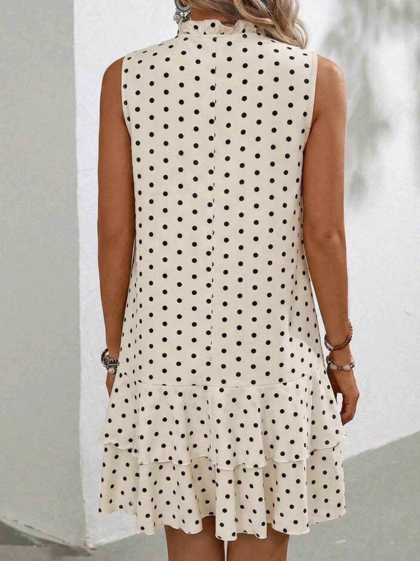 8281 Polka Dot Tie Neck Ruffle Hem Dress