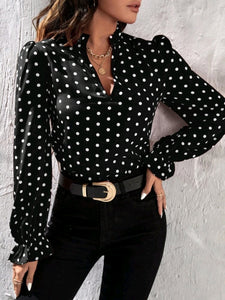 Frill Notched Neck Flounce Sleeve Blouse