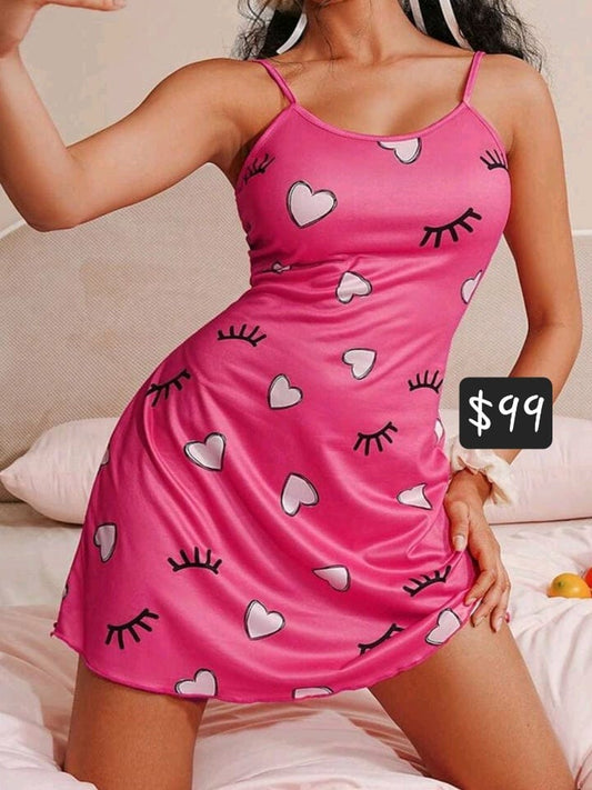 #0271 Eyelash & Heart Print Lettuce Trim Cami Pajama Nightdress