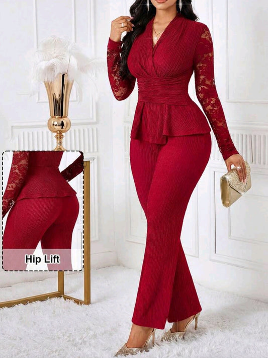 4976 2 piece Lace Long Sleeve Top And Flared Pants