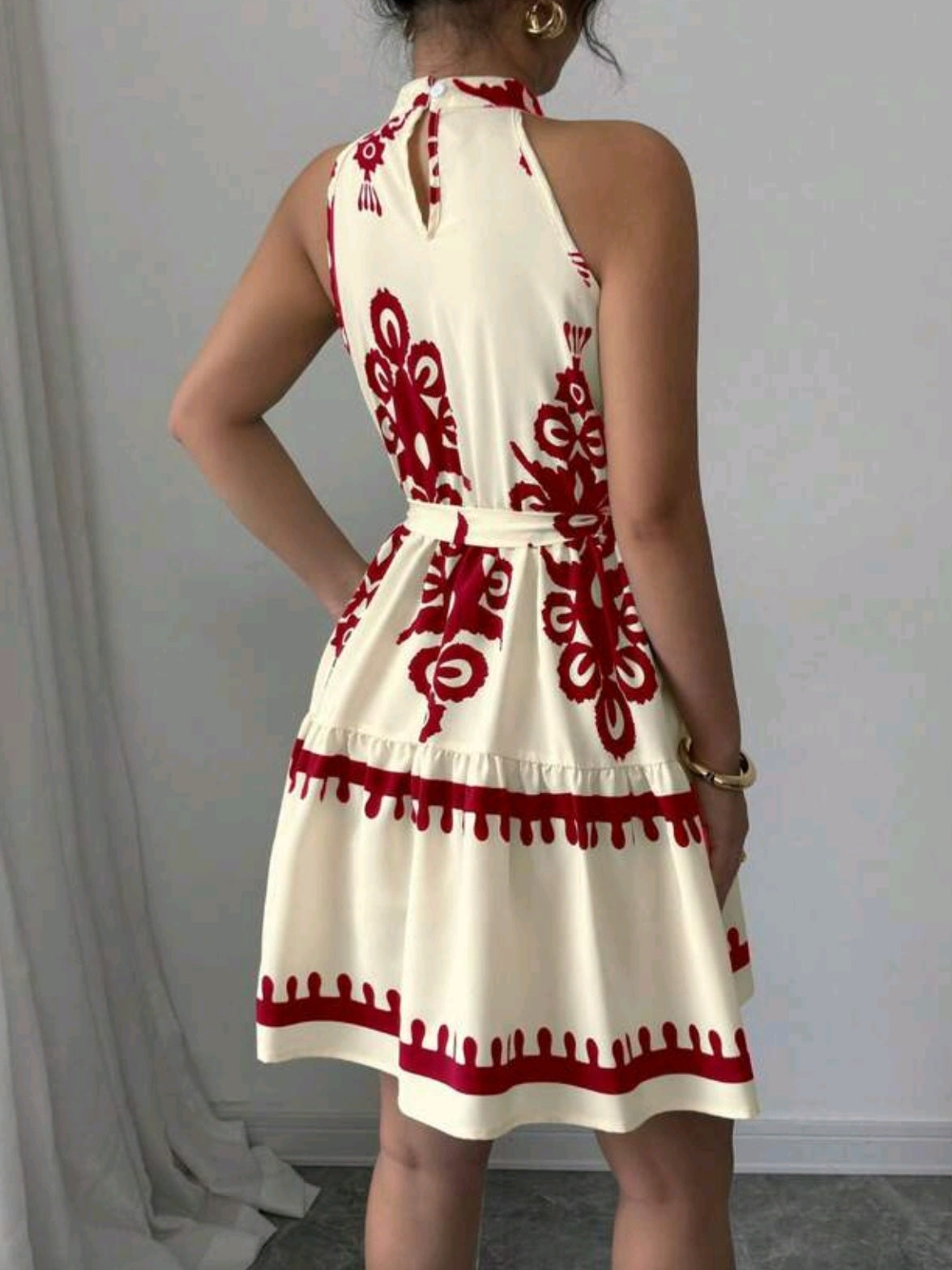 7627 Floral Print Halter Neck Casual Daily Dress With Waist Tie