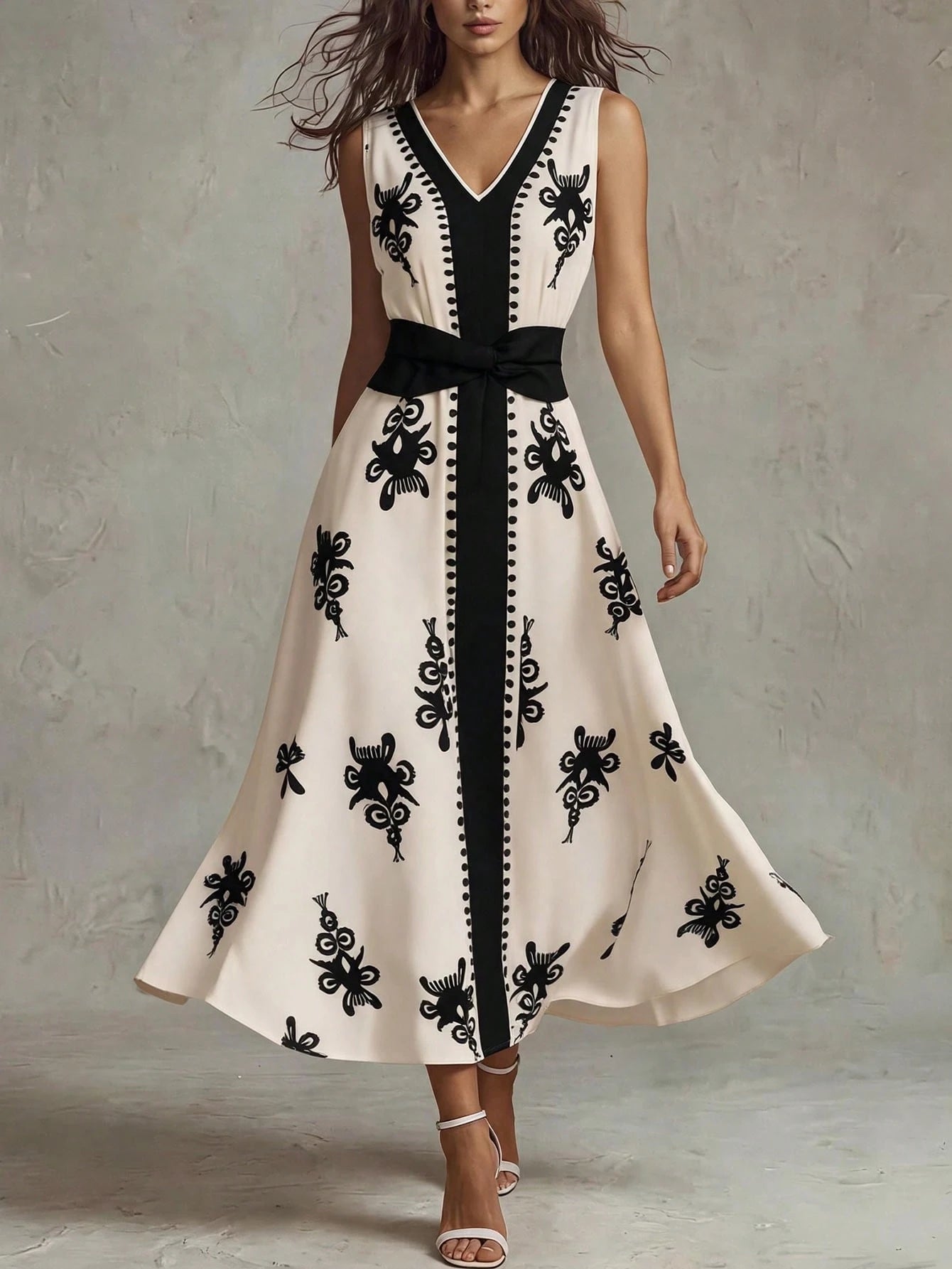 0723 V-Neck Waist Twist Waist Cinched Dress