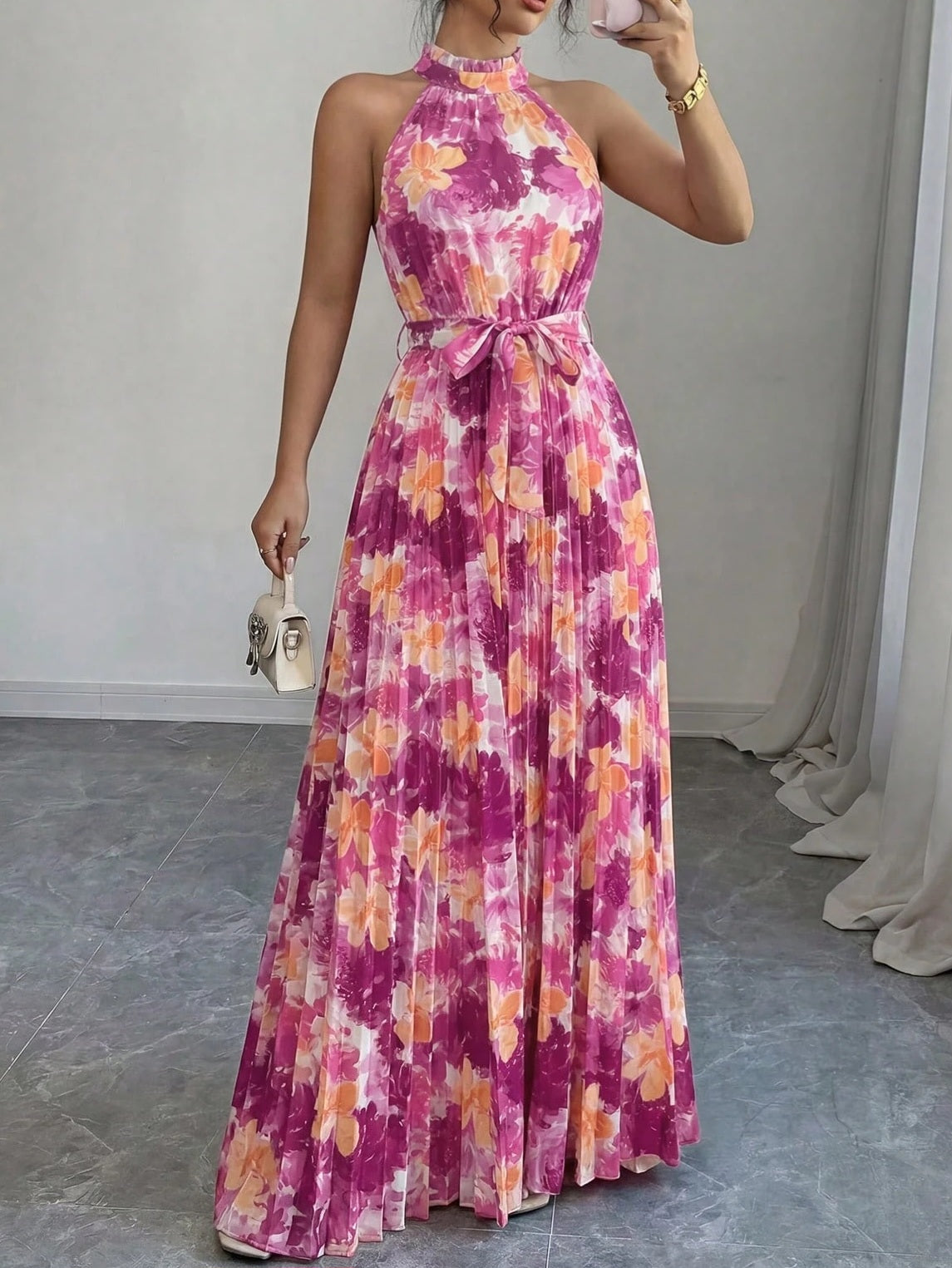 8223 Floral Print Ruffle Collar Pleated Waist A-Line Dress