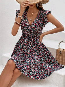 Shirred Waisted Ruffle Trim Dress