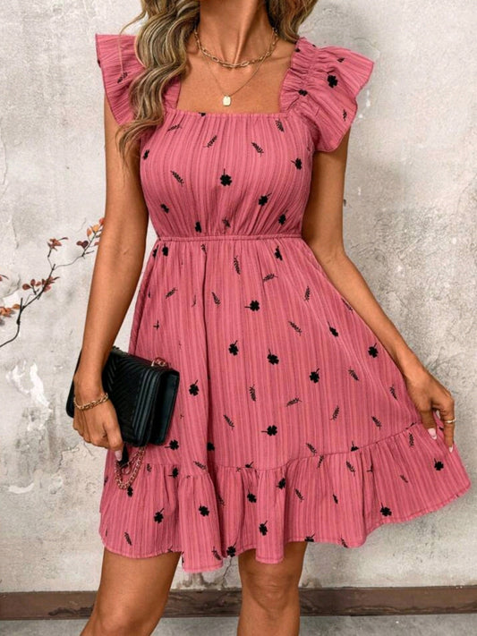 0544 Pink Square Neck Ruffle Sleeve Waist A-Line Short Dress