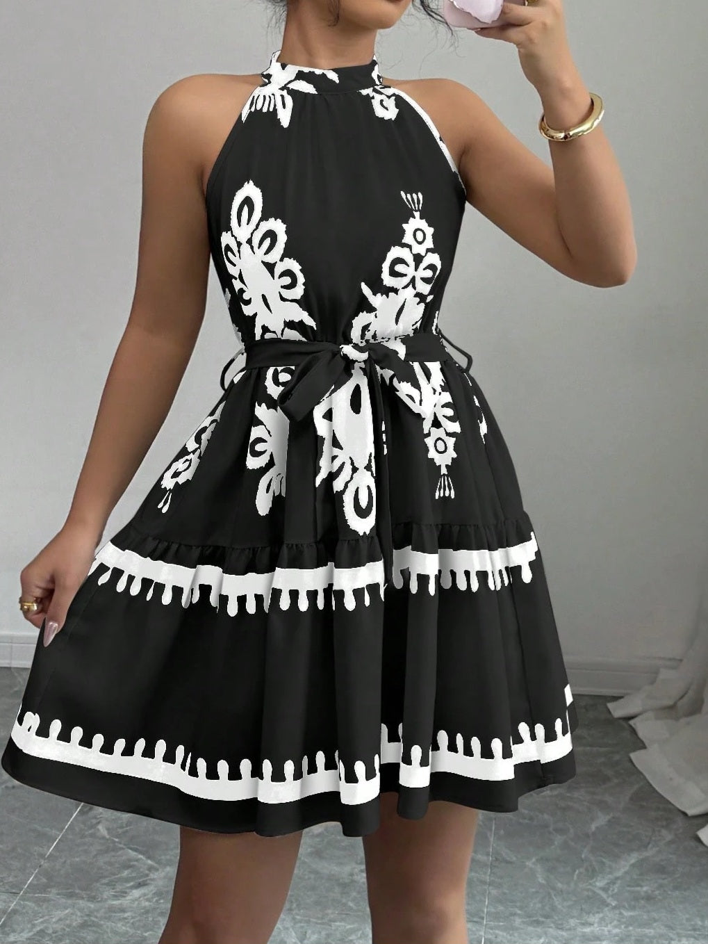 0925 Tie Neck Flare Dress