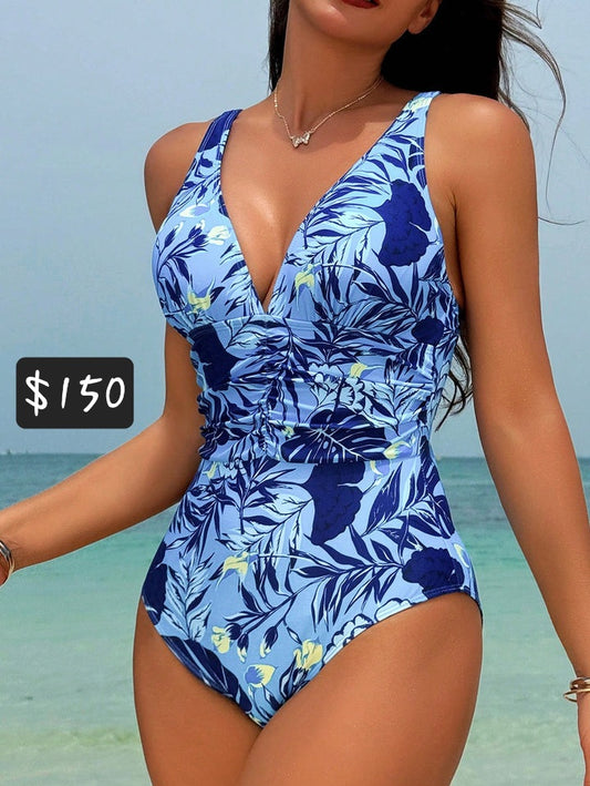 #7229 Tropical Printed Deep V-Neck Spaghetti Strap One-Piece Swimsuit