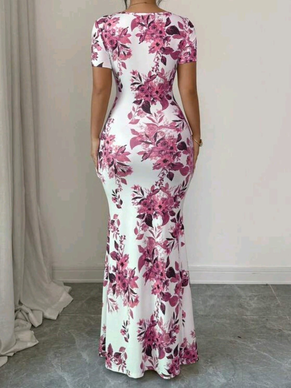 0080 Ruched Waist Long Dress with Slit Hem