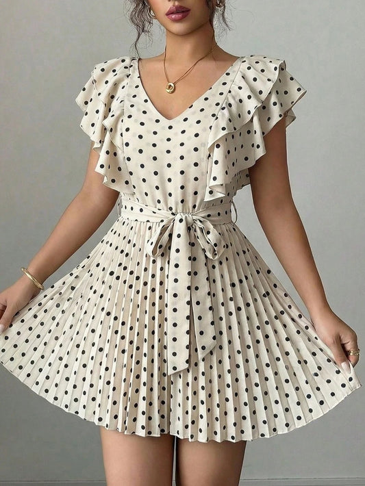 6212 Ruffled V-Neck Waist Pleated A-Line Dress
