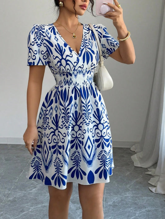 7511 Shirred Printed Bodycon Mini Dress