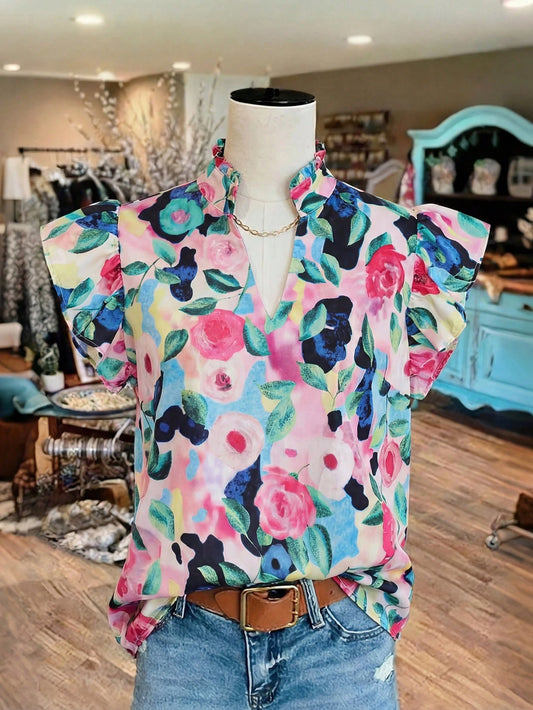 2112 Floral Blouse with Cap Puff Sleeves