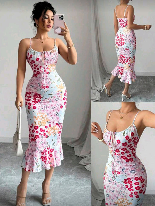 6133 Graphic Print French Cinched Waist Ruffle Hem Dress