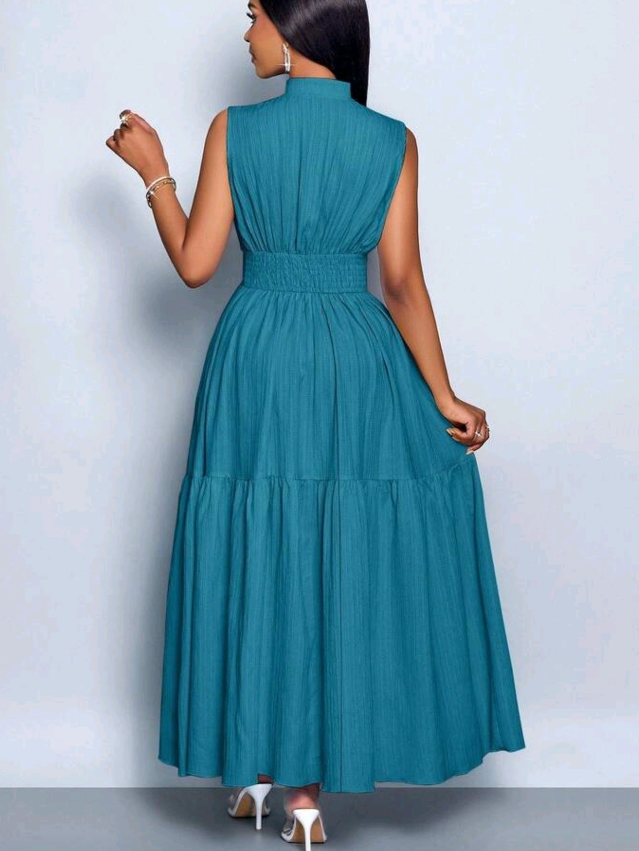 7151 Color Stand Collar Front Cut Out Sleeveless Cinched Waist Tie Knot Dress