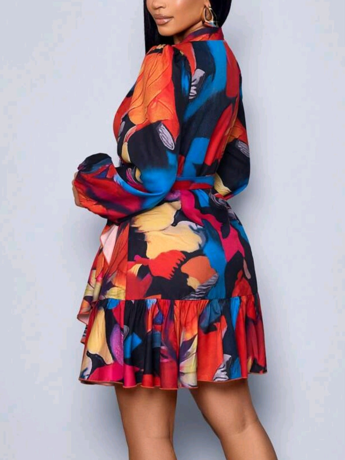 3000 Floral Print Lantern Sleeve Knot Side Ruffle Trim Wrap Dress