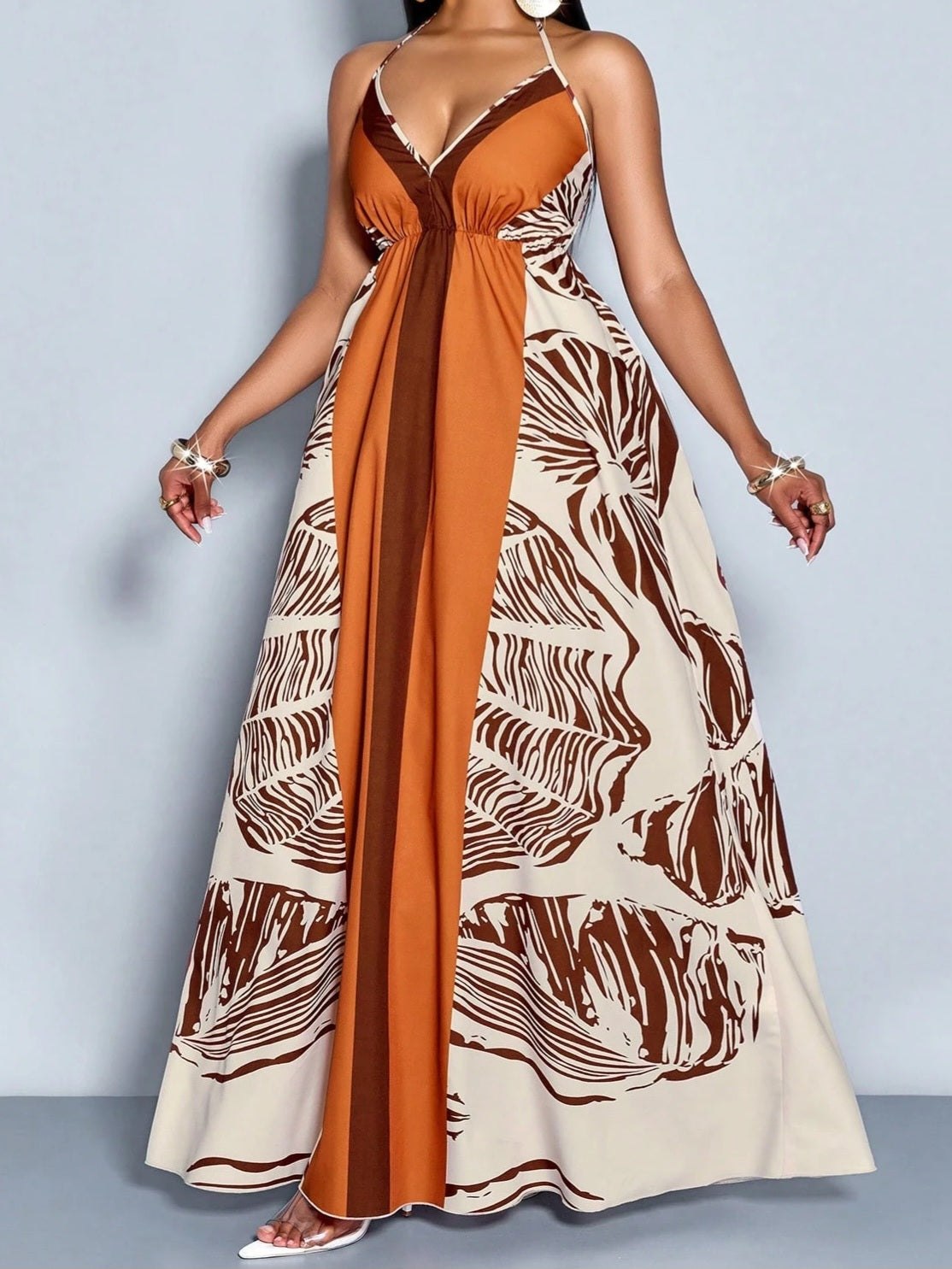 9555 Tropical Plants Printed Halter Dress